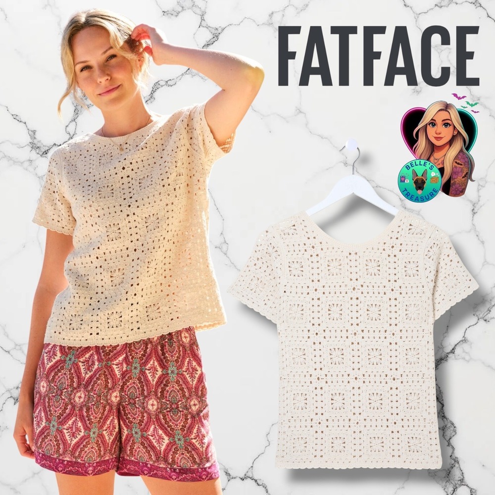 FatFace Women's 20 2XL Natural Patchwork Crochet Knit T-Shirt Granny Square Top